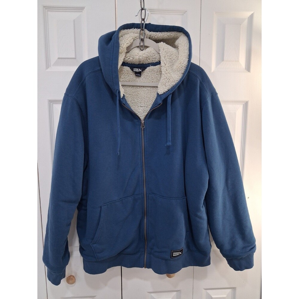 Eddie Bauer Men's Faux Shearling Lined Relaxed Fit Full Zip Hoodie (Blue, 2XL)